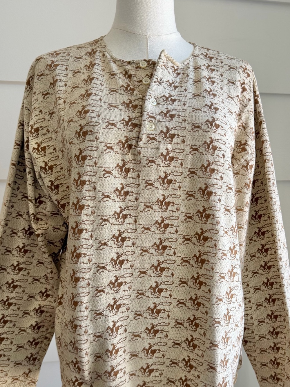 Vintage Western Cowboy Print Henley Top Retro Rodeo